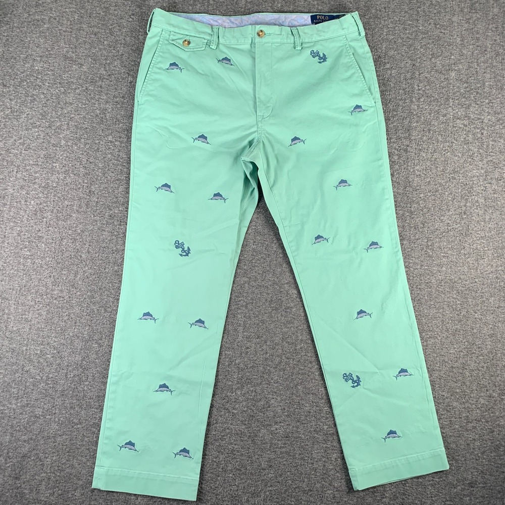 Polo Ralph Lauren Embroidered Pants Men 36x30 Marlin Fish Stretch Chino Nautical